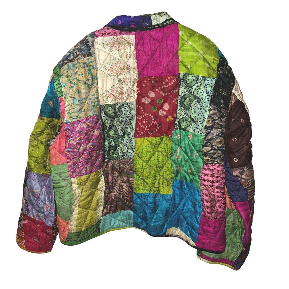 ArtEZen Boho Quilted Patchwork Reversible Jacket Multi 100% Silk Hippie Coat - Picture 6 of 14